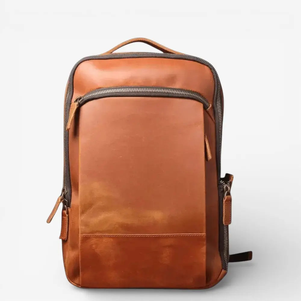 Sac à dos en cuir véritable marron clair pour ordinateur 15,6 pouces avec poche avant zippée