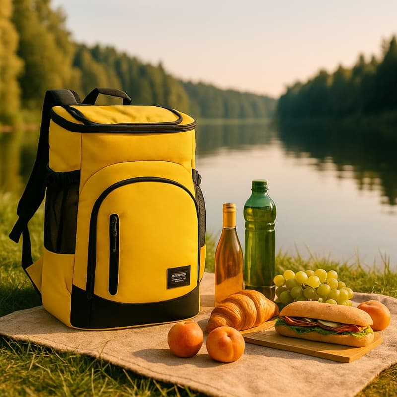 Sac à dos glacière jaune posé sur une couverture de pique-nique au bord d’un lac, avec fruits, sandwich et bouteilles à côté.