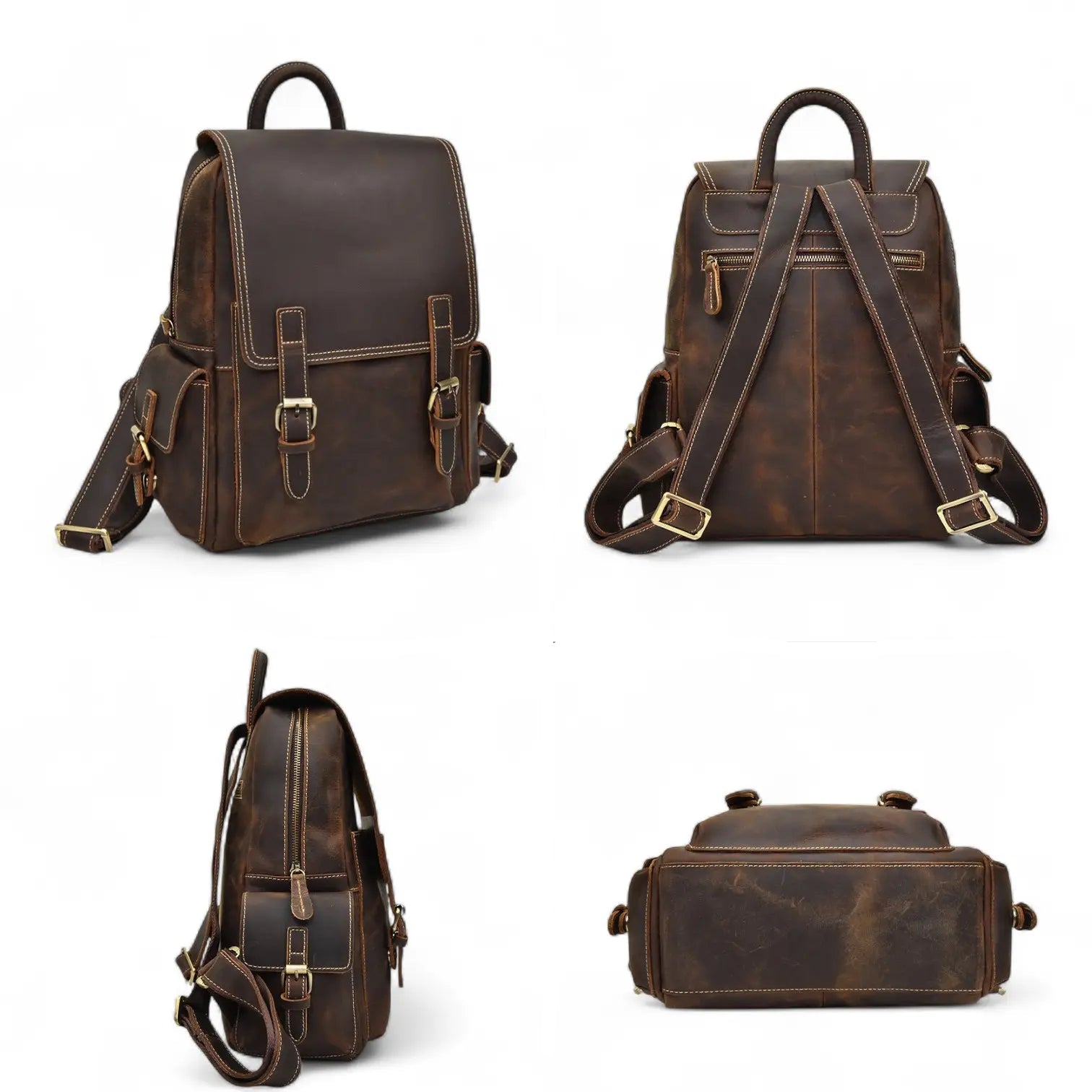 Vue intérieure du sac à dos cuir Crazy Horse avec compartiment ordinateur et poches zippées