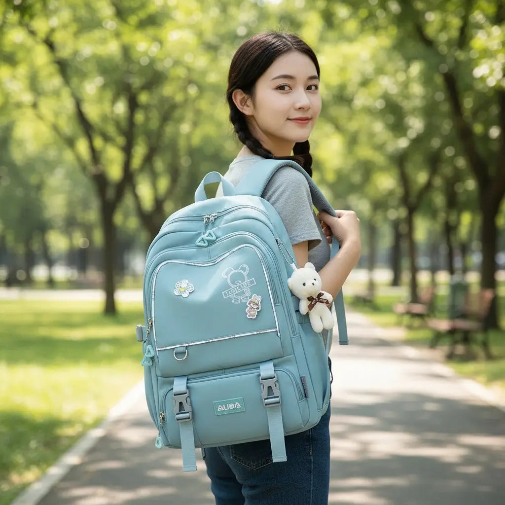 fille portant un sac à dos bleu clair avec porte-clés peluche en marchant dans un parc