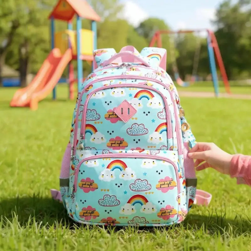 sac à dos bleu clair à motifs arc-en-ciel posé sur l’herbe près d’une aire de jeux