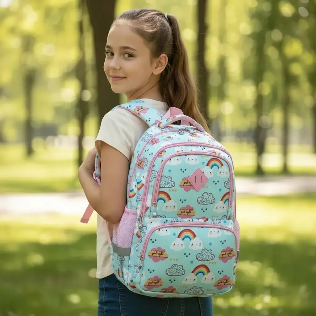 jeune fille portant un sac à dos bleu clair à motifs arc-en-ciel dans un parc