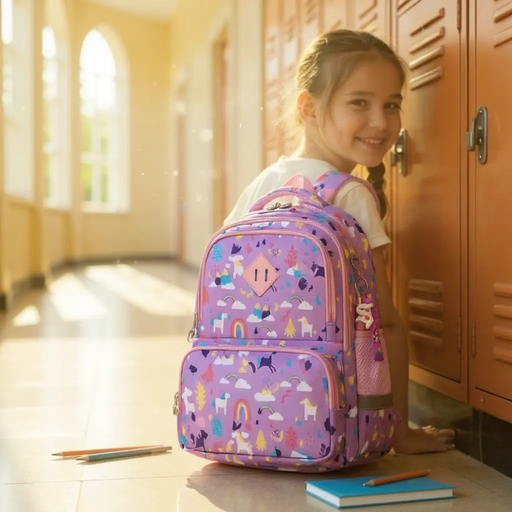 jeune fille assise dans un couloir d’école à côté de son sac à dos rose à motifs arc-en-ciel