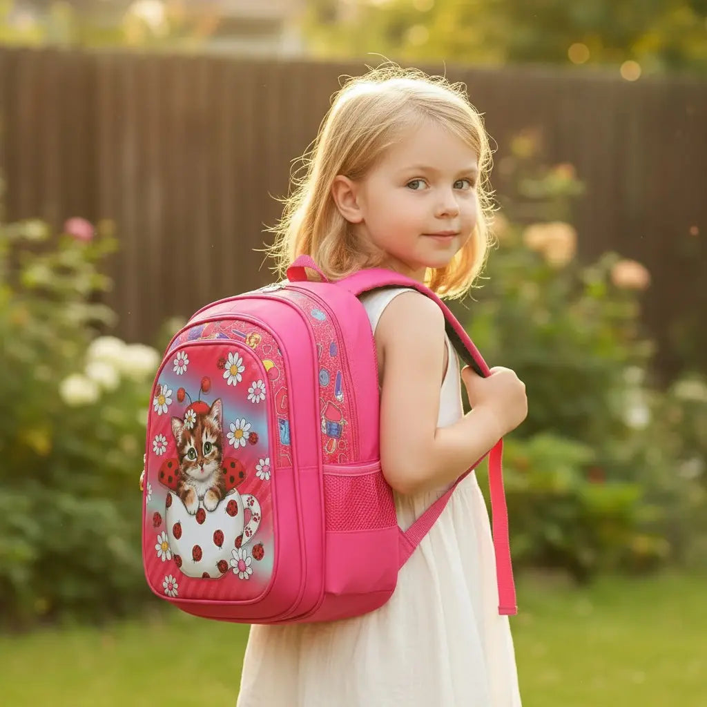 fillette portant un sac à dos rose décoré d’un chat et de fleurs en marchant dans un parc