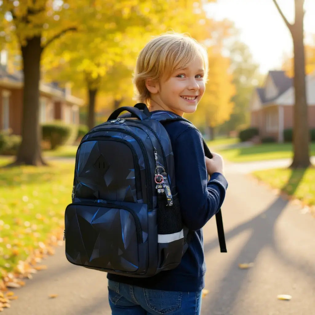 garçon souriant portant un sac à dos noir en marchant sur une allée bordée d’arbres en automne