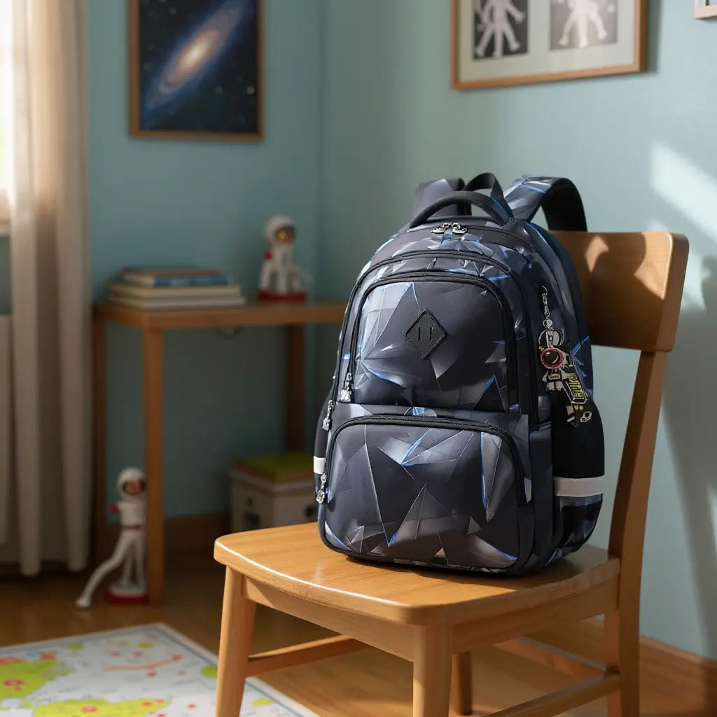 sac à dos noir posé sur une chaise dans une chambre d’enfant éclairée par la lumière du jour