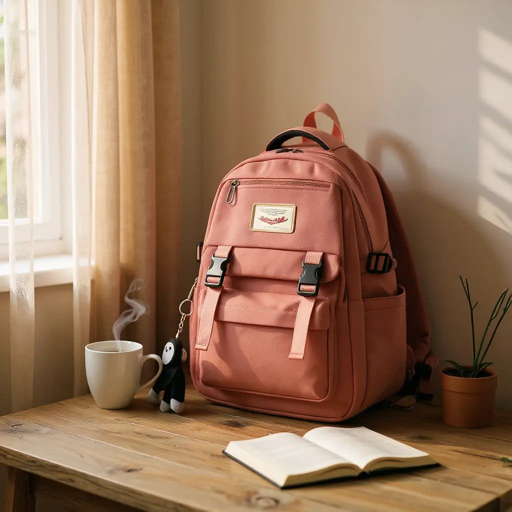 sac à dos rose posé sur une table en bois près d’une tasse et d’un carnet