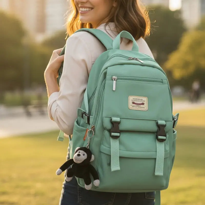 lycéenne portant un sac à dos vert dans un parc ensoleillé