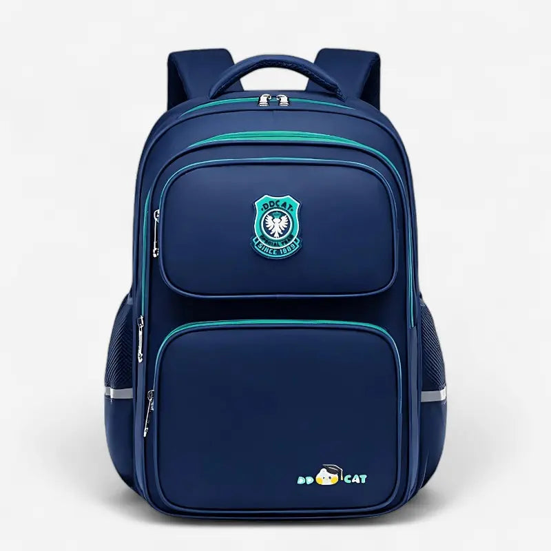Sac à dos ergonomique bleu marine pour écolier avec poches multiples et détails verts