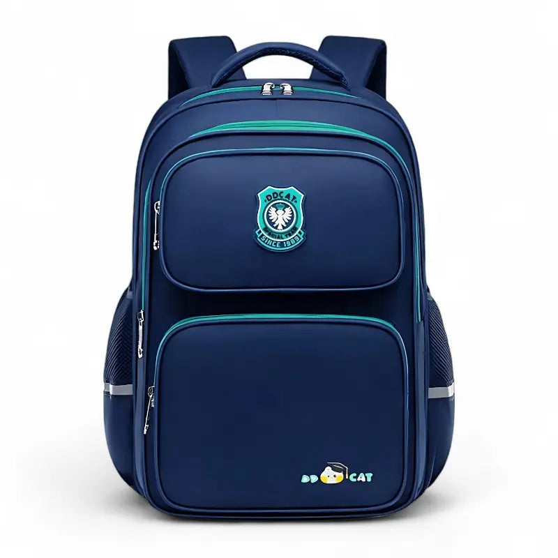 Sac à dos ergonomique bleu marine pour écolier avec poches multiples et détails verts