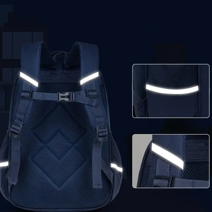 Dos du sac à dos ergonomique bleu marine avec bandes réfléchissantes pour sécurité de nuit