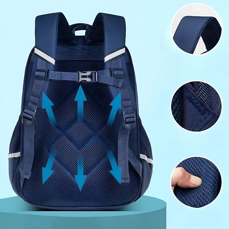 Dos du sac à dos ergonomique bleu marine avec système respirant et bretelles ergonomiques