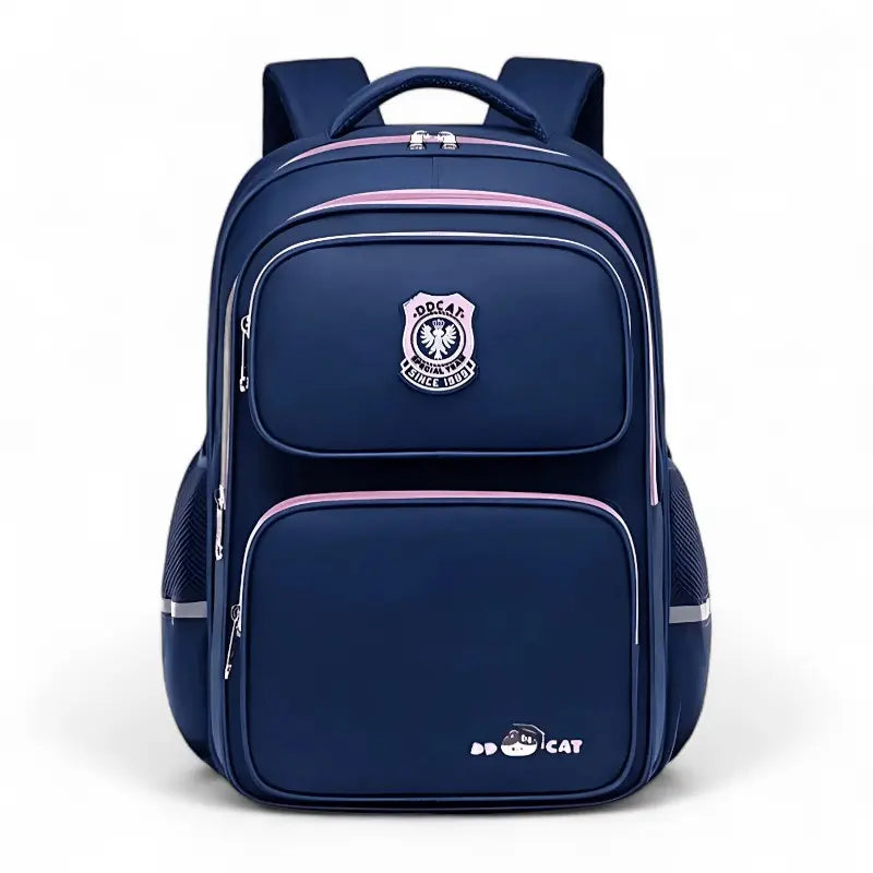 Vue de face d’un sac à dos ergonomique bleu marine avec poches multiples pour écolier