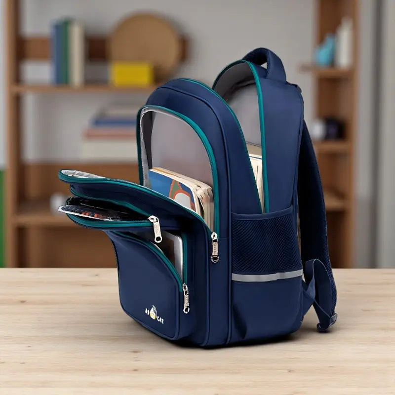 Sac à dos ergonomique bleu marine ouvert avec rangements pour fournitures scolaires