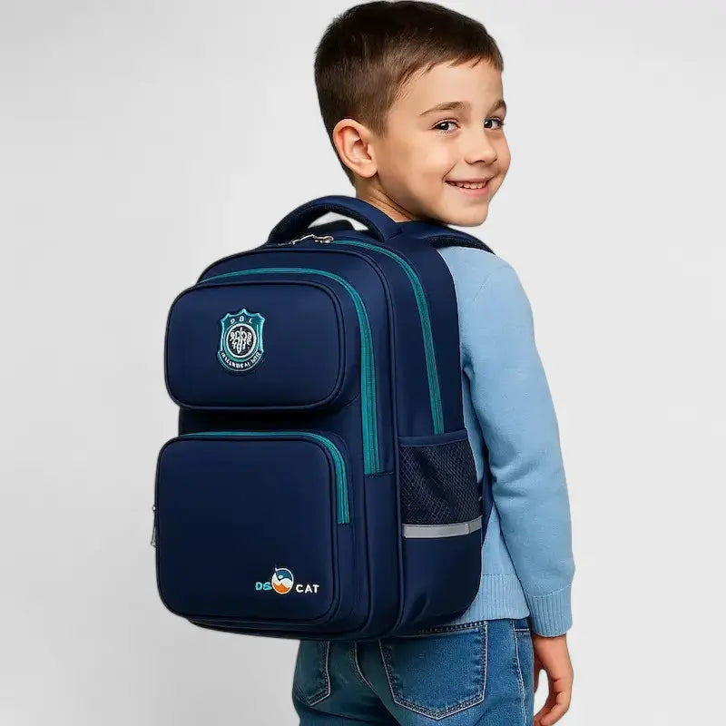 Enfant portant un sac à dos ergonomique bleu marine avec détails verts pour école primaire