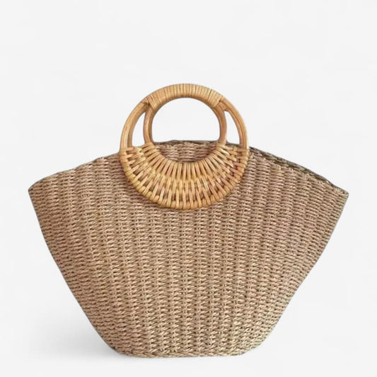 Sac en herbe tissée à la main avec anse ronde en bois