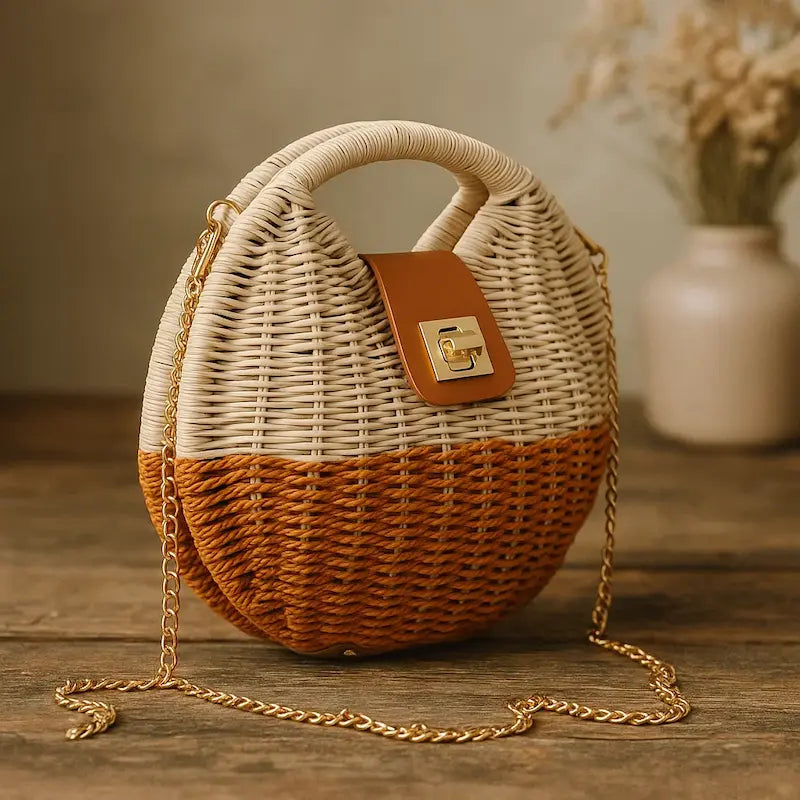Sac en paille tressée rond bicolore avec rabat marron et bandoulière chaîne dorée posé debout