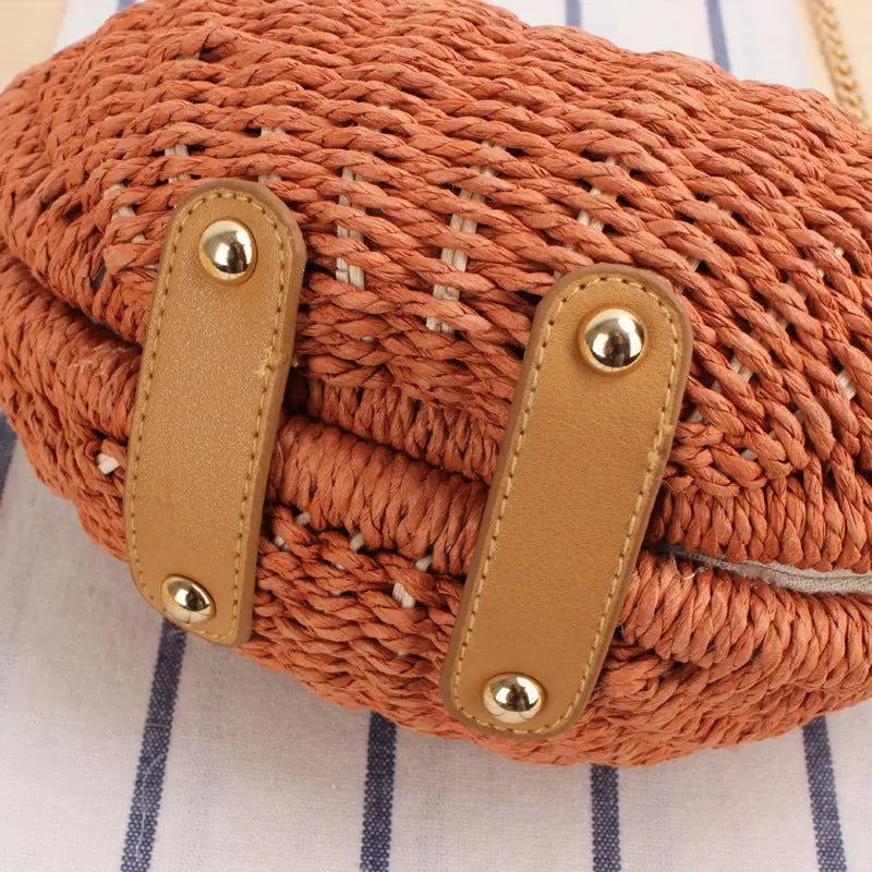 Vue du dessous du sac en paille tressée rond avec renforts en simili cuir et rivets dorés