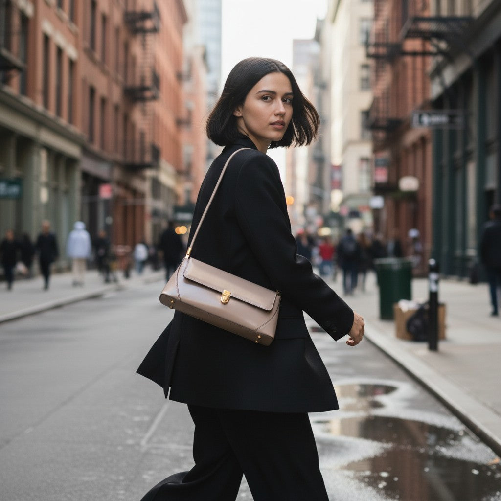 Sac épaule en cuir beige style baguette porté en marchant