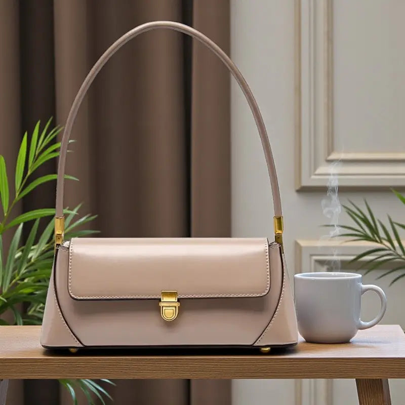 Sac épaule en cuir beige style baguette posé sur une table