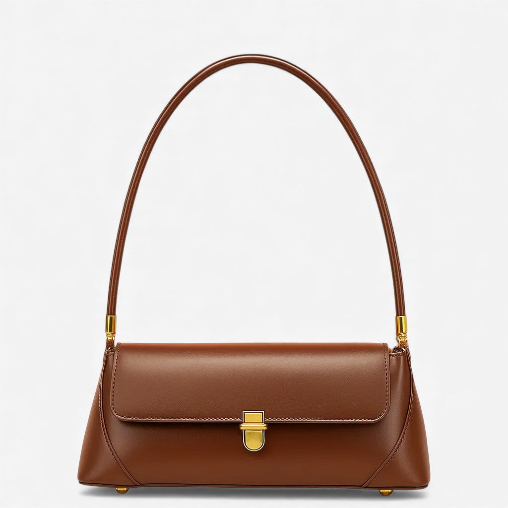 Sac épaule en cuir marron style baguette présenté de face