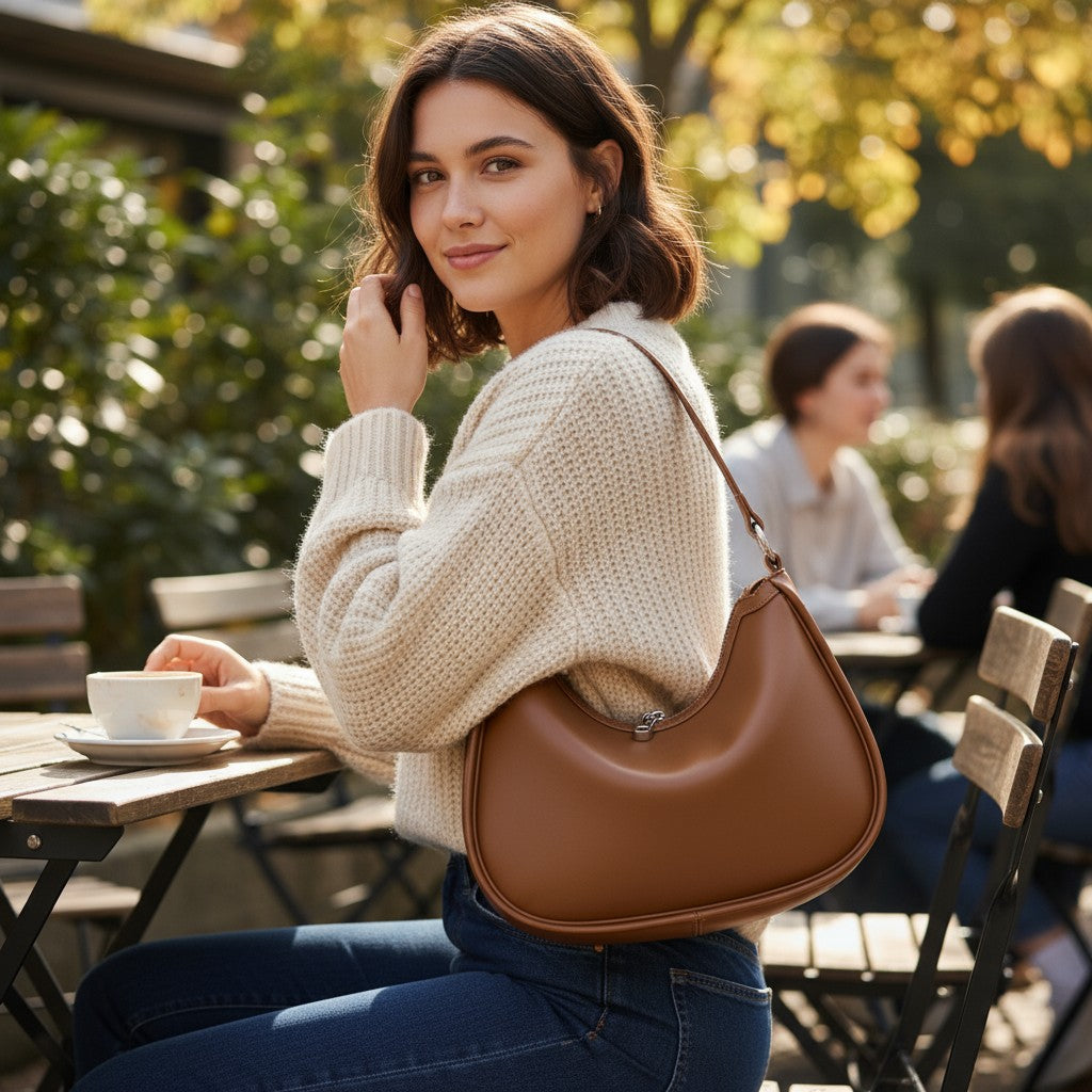 Femme assise en terrasse portant un sac en cuir marron de forme croissant sur l’épaule.