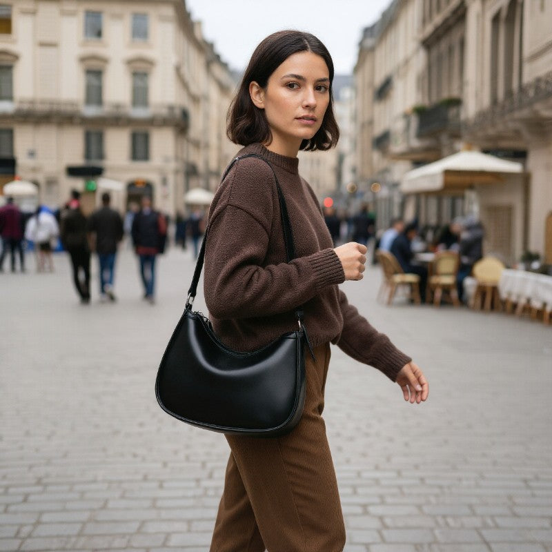 Femme élégante portant un sac en cuir noir de forme croissant lors d’une promenade urbaine.