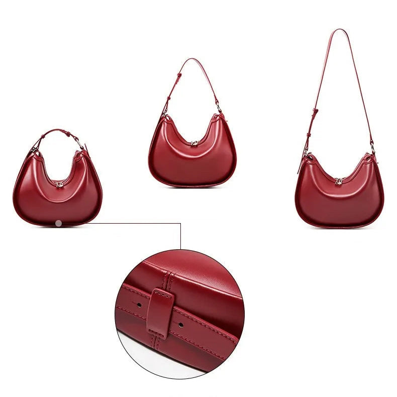 Trois vues du sac en cuir rouge illustrant la bandoulière réglable et ses différentes longueurs.