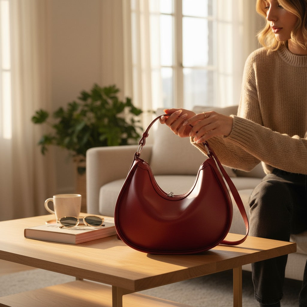 Femme tenant un sac en cuir rouge de forme croissant sur une table dans un intérieur lumineux.