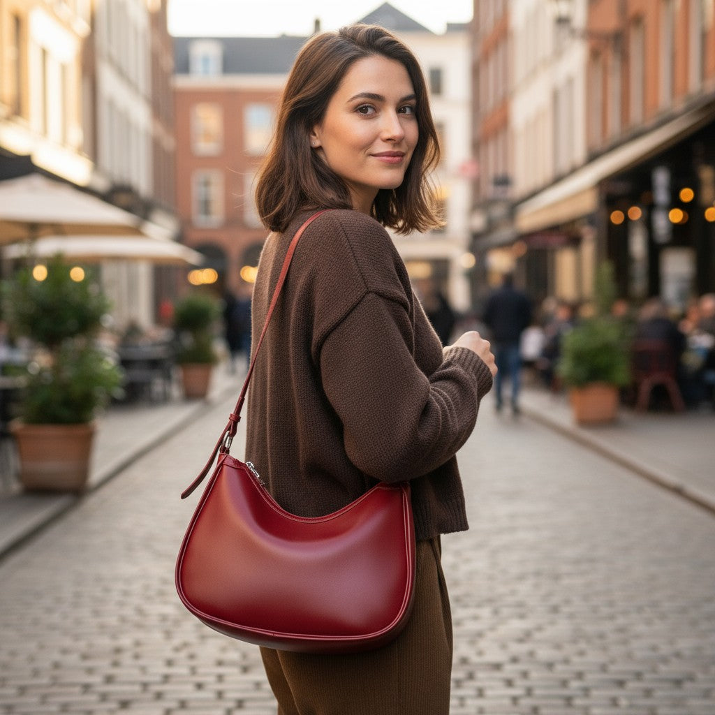 Femme marchant en ville avec un sac en cuir rouge de forme croissant à l’épaule.