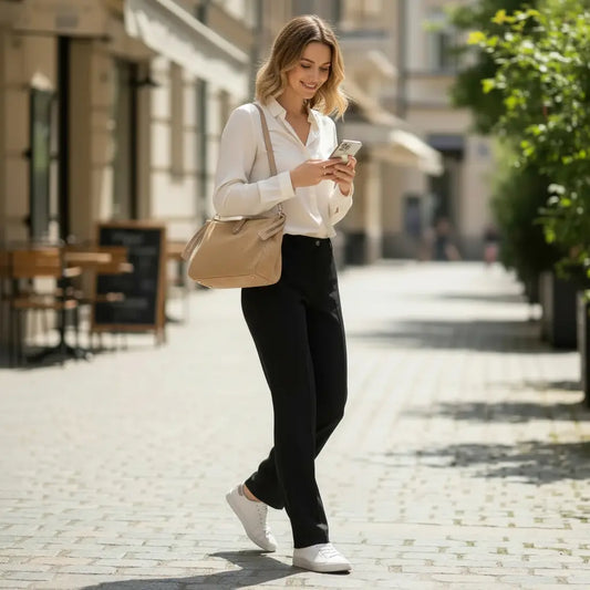Sac porté épaule en cuir de vachette suédé beige porté en extérieur