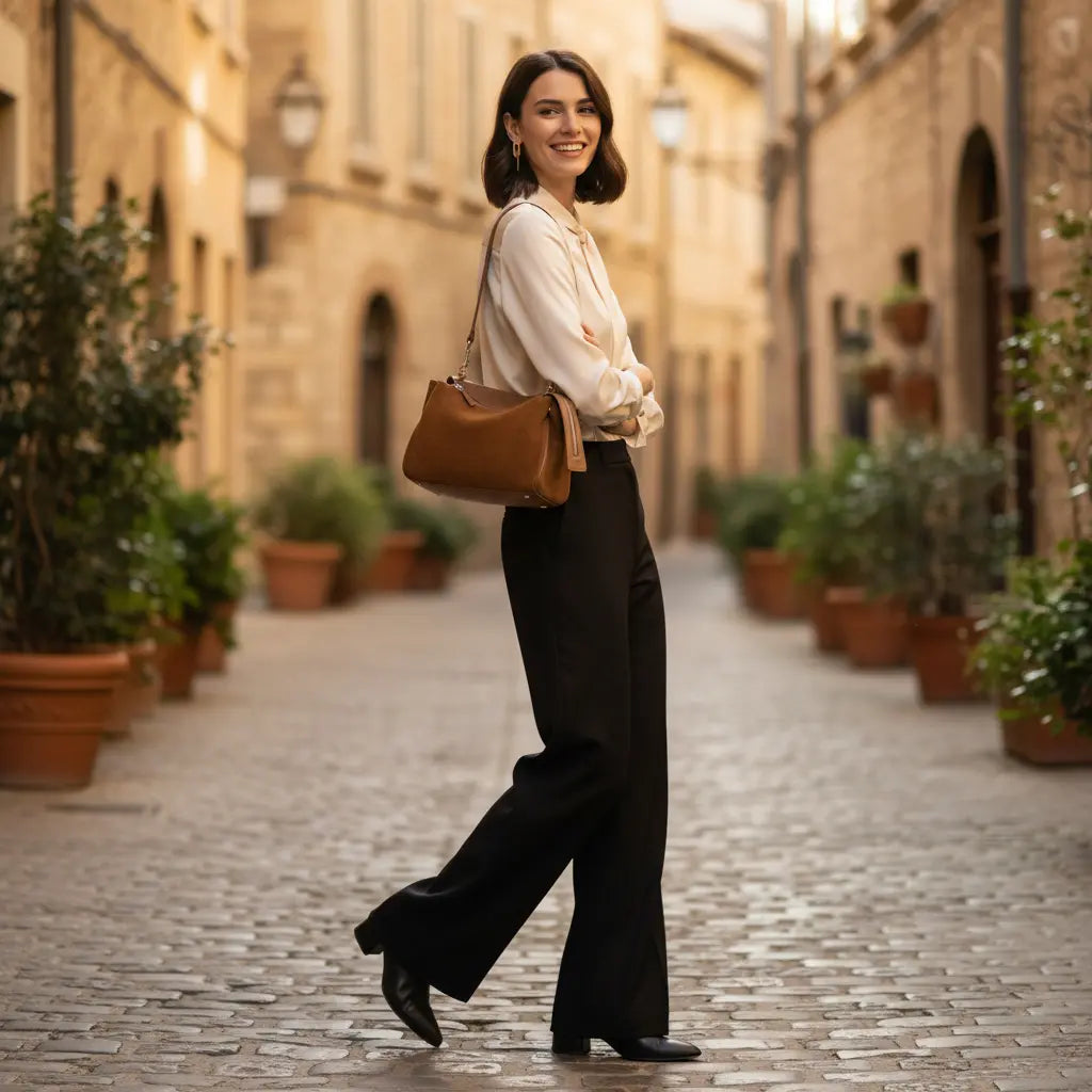 Sac porté épaule en cuir de vachette suédé marron porté en ville