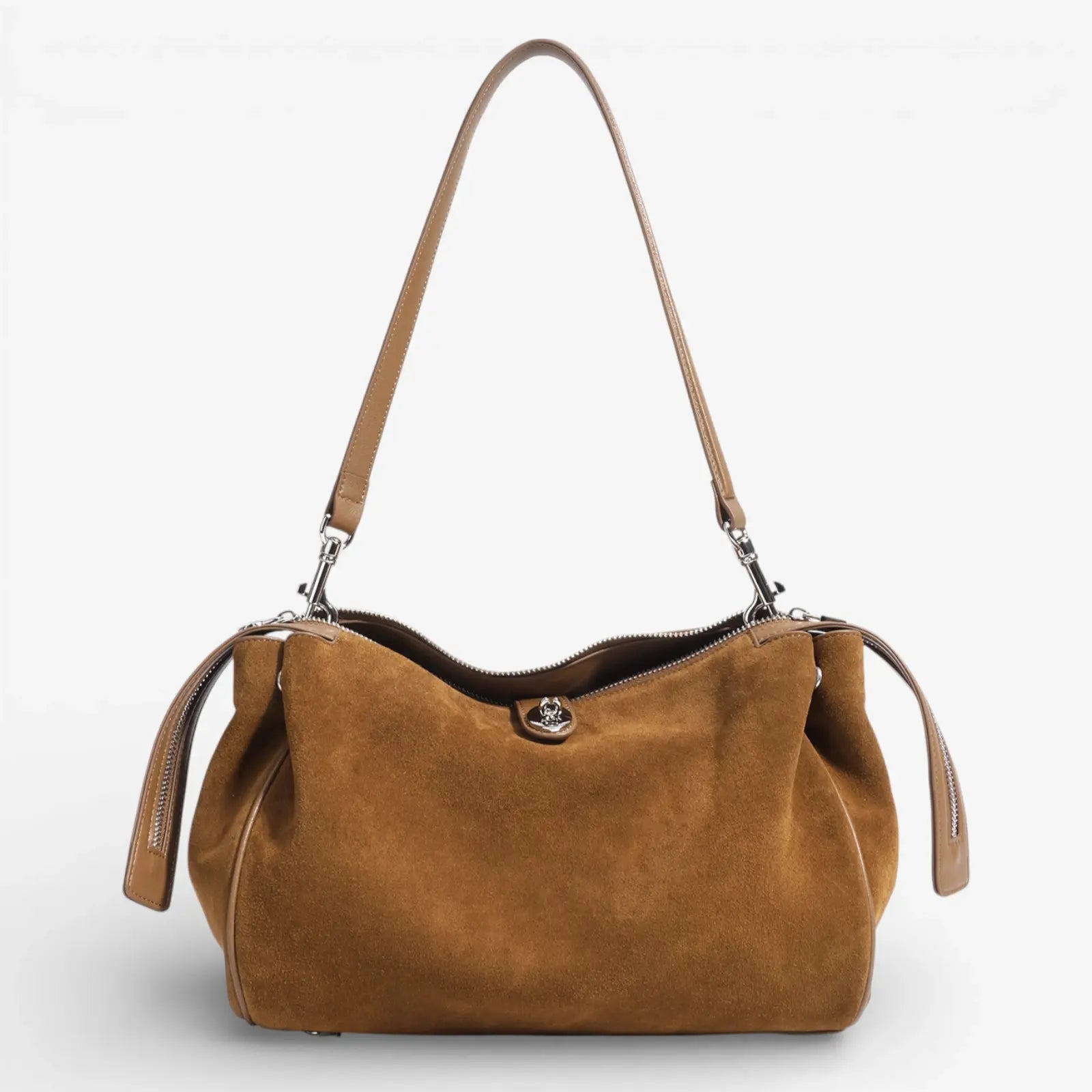 Sac porté épaule en cuir de vachette suédé marron avec double bandoulière