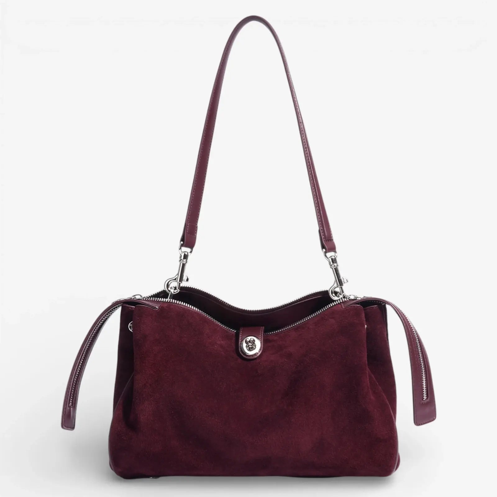 Sac porté épaule en cuir de vachette suédé prune