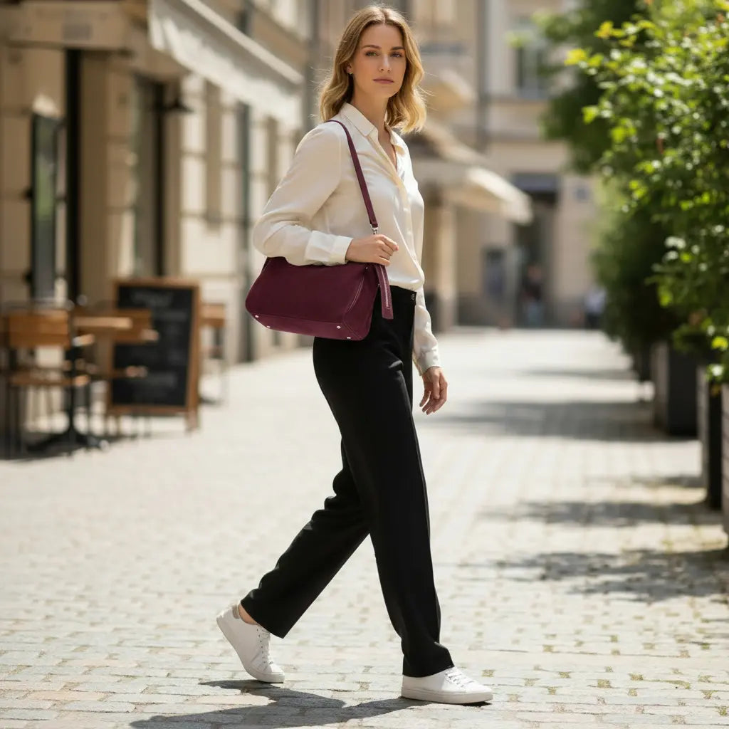 Sac porté épaule en cuir de vachette suédé prune porté avec tenue élégante
