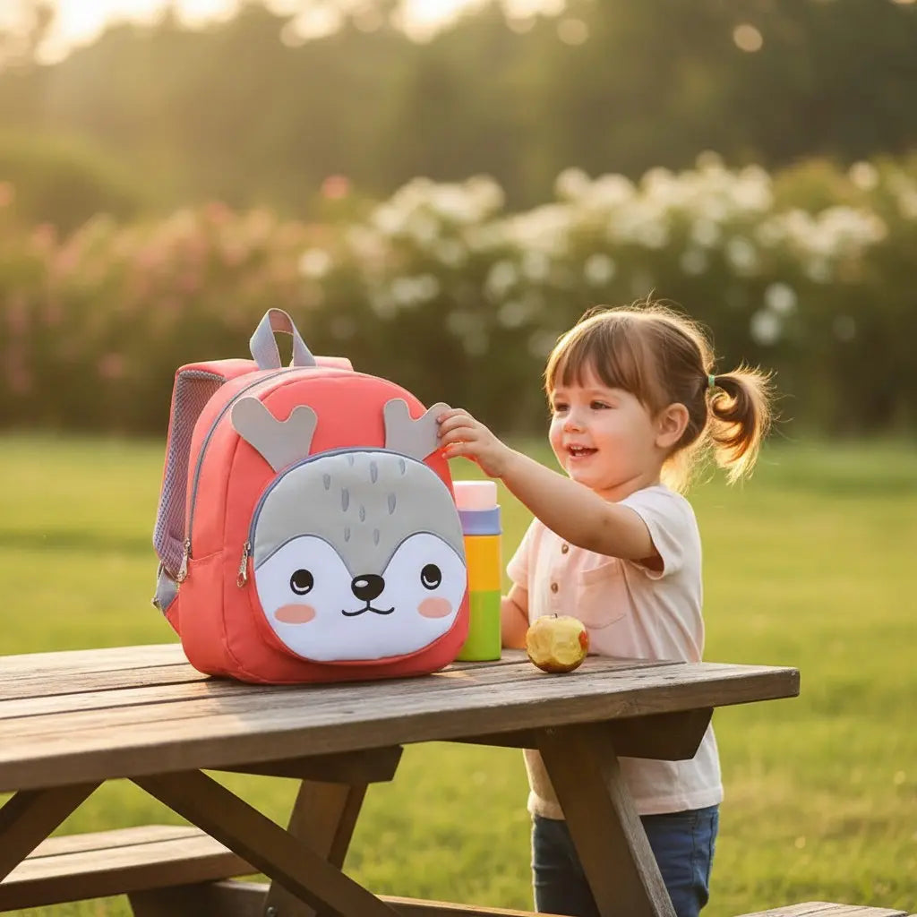 sac à dos faon rose posé sur une table extérieure pour enfant