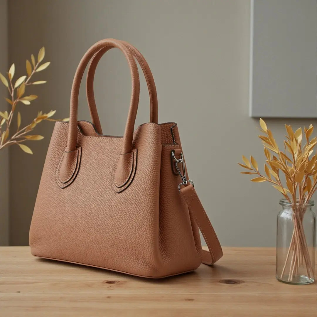 Sac femme en cuir de vachette marron posé sur une table