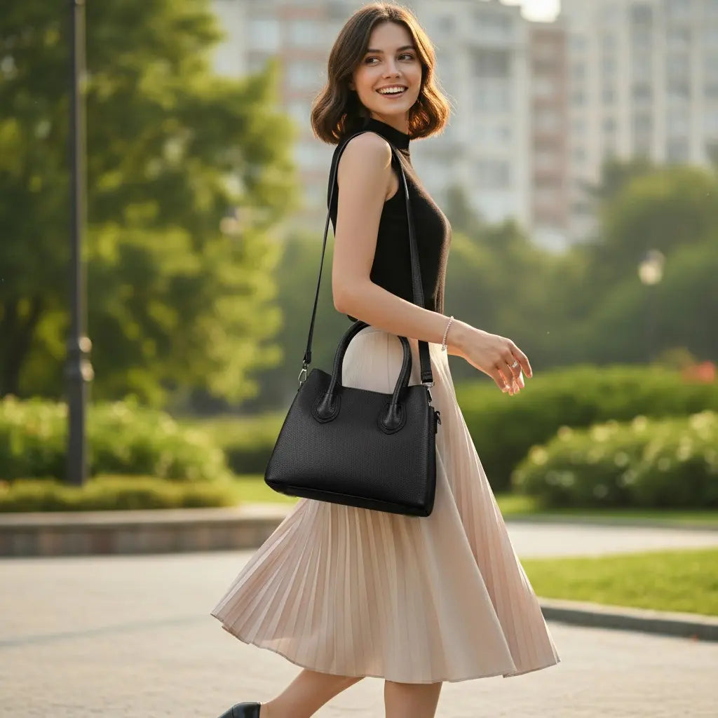 Sac femme en cuir de vachette noir porté à l’épaule en extérieur