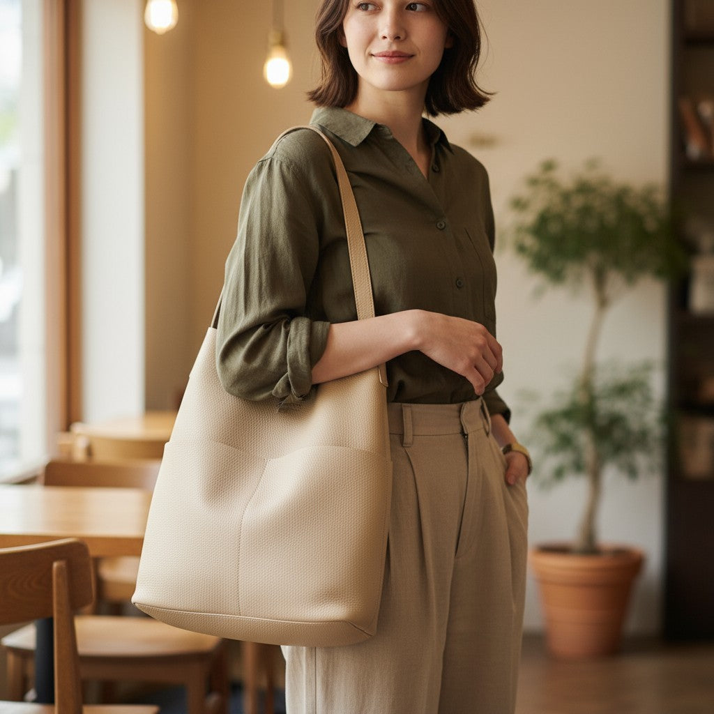 Femme debout avec un sac fourre-tout beige en cuir à poignée souple