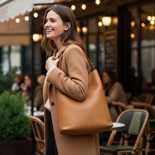 Femme souriante tenant un sac fourre-tout camel en cuir avec anse souple