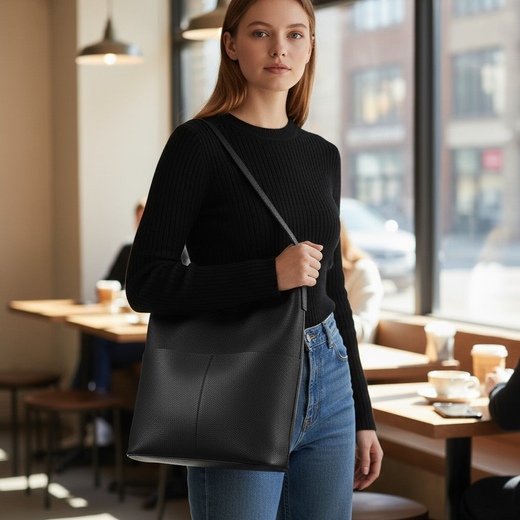 Femme debout dans un café portant un sac fourre-tout noir en cuir sur l’épaule droite