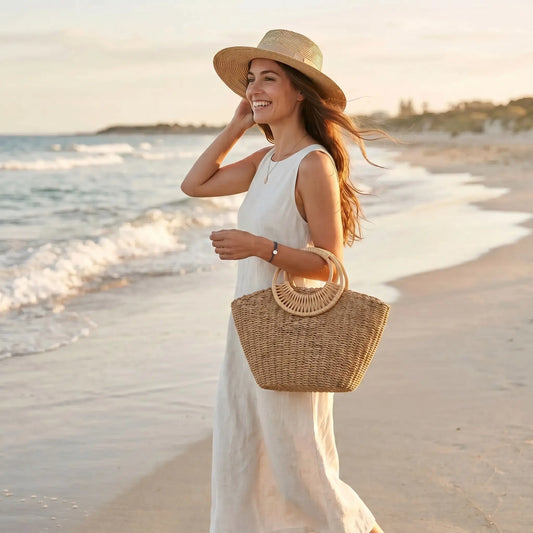 Femme portant un sac en herbe tressée à anse ronde lors d'une promenade sur la plage