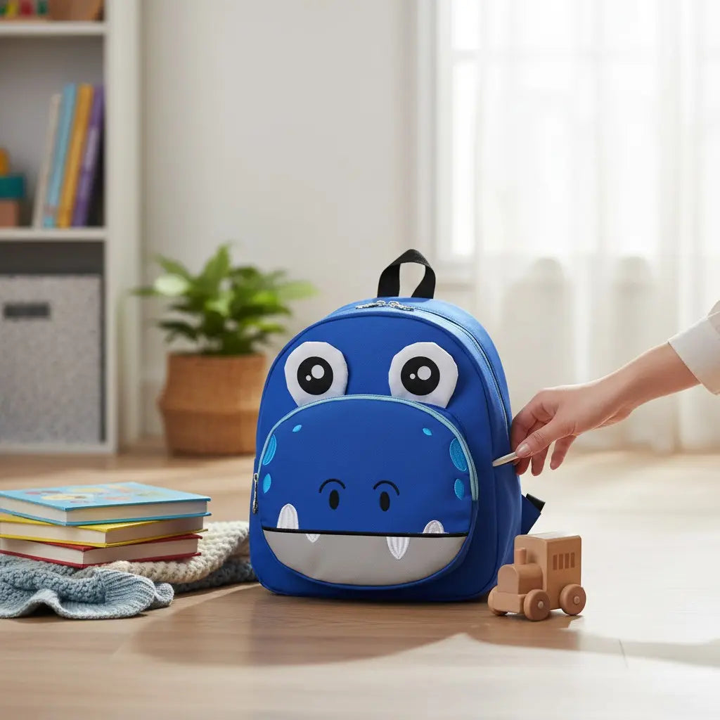 sac à dos hippopotame bleu posé dans une chambre d’enfant