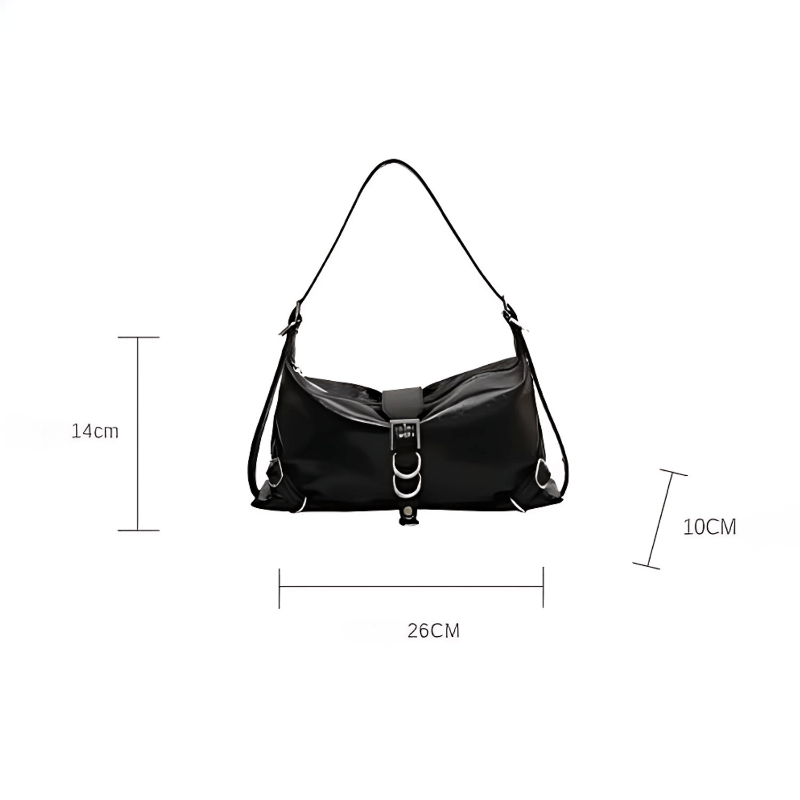 Dimensions du sac hobo en cuir synthétique vernis noir avec anse et boucle centrale