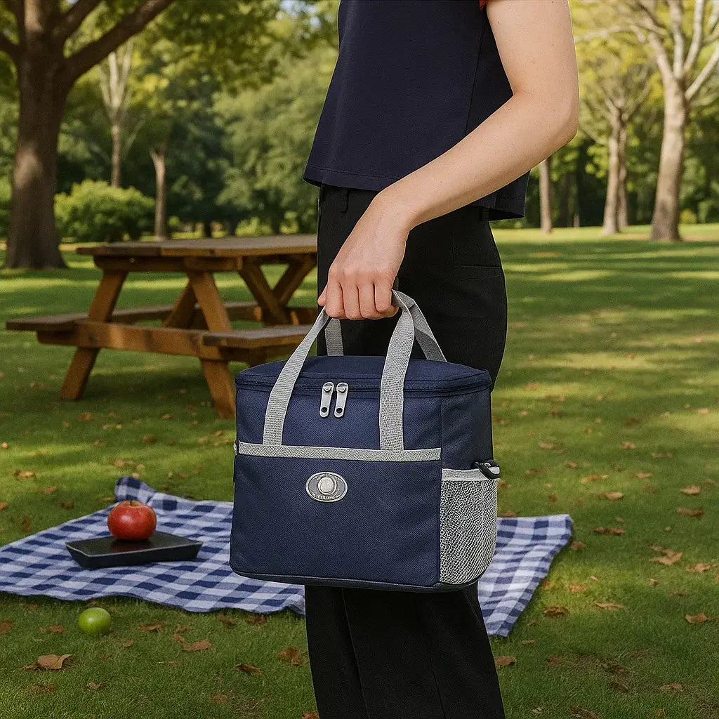 Sac isotherme bleu porté à la main lors d’un pique-nique