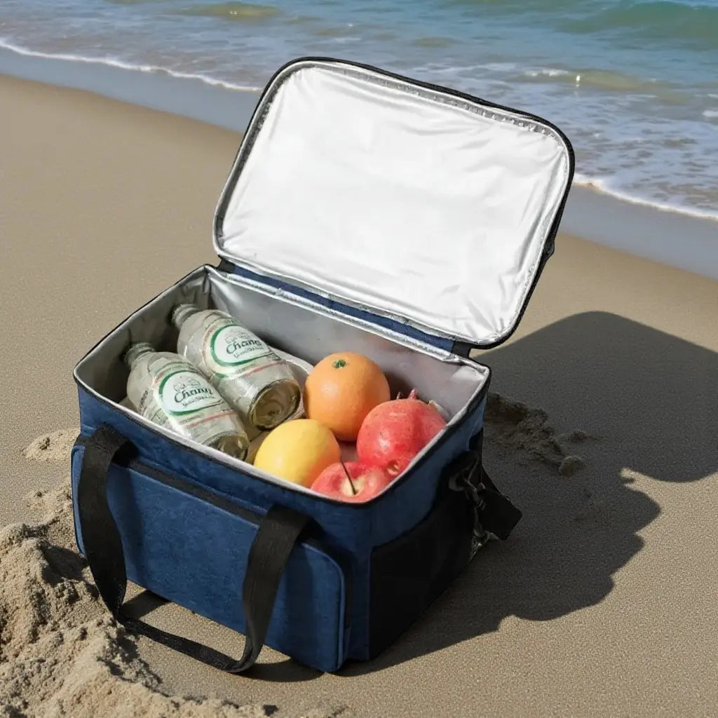Sac isotherme bleu ouvert sur la plage contenant des fruits frais