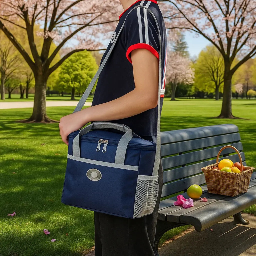 Sac isotherme bleu porté à l’épaule dans un parc