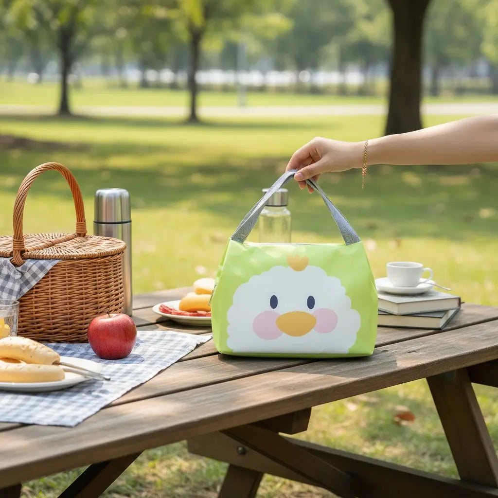 Sac isotherme enfant motif poule verte posé sur une table de pique-nique