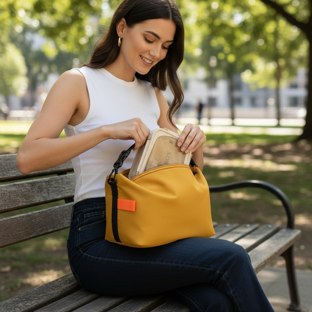 Sac isotherme jaune en tissu Oxford posé sur un banc avec ouverture supérieure large
