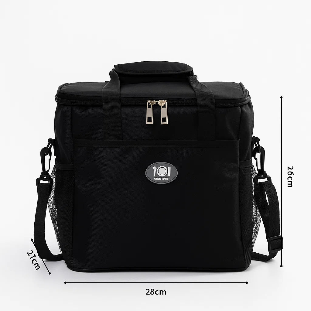 Sac isotherme noir vu de face avec indications de dimensions